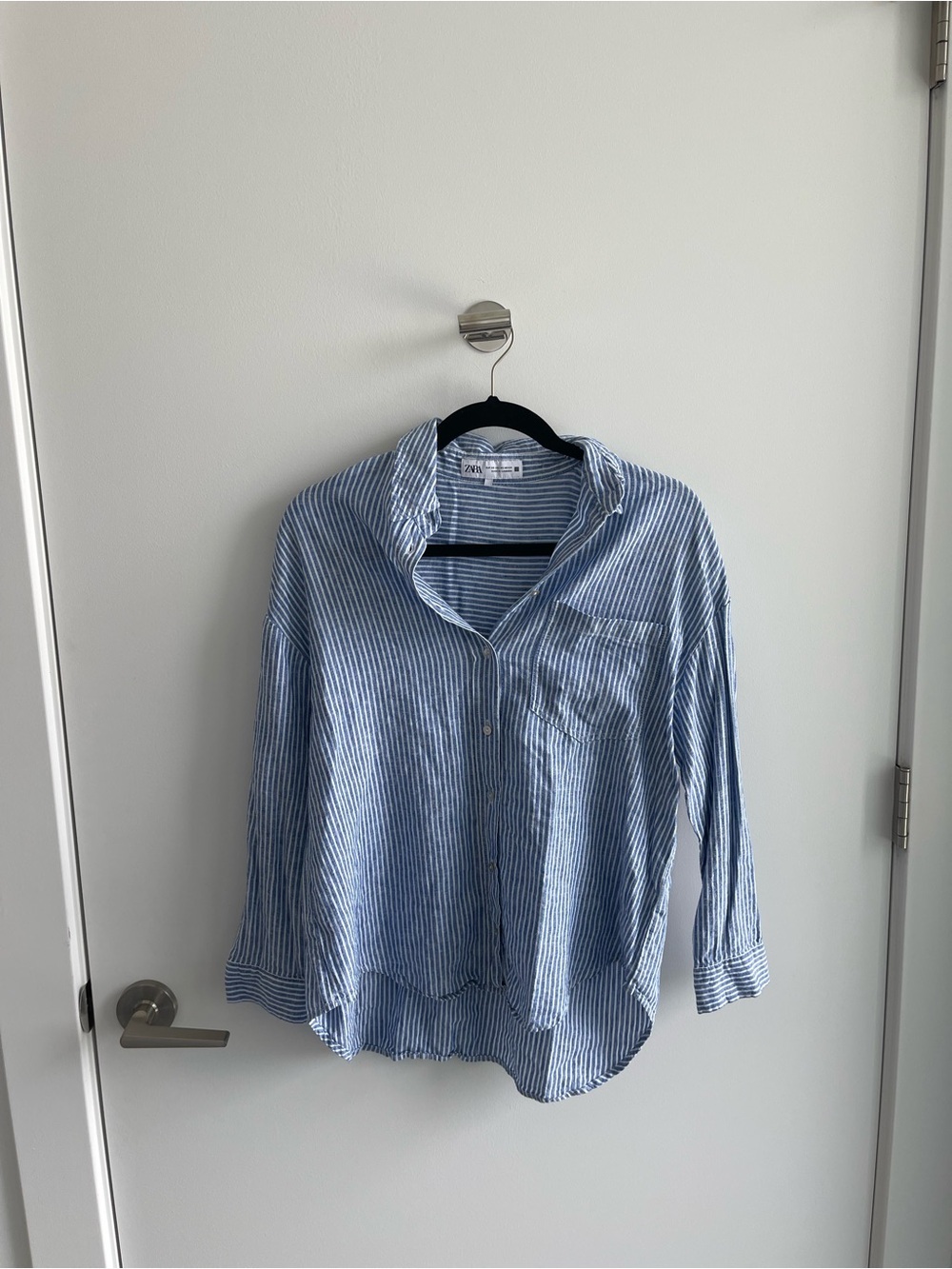 Zara Striped Button-Up Shirt in Light Blue and White
